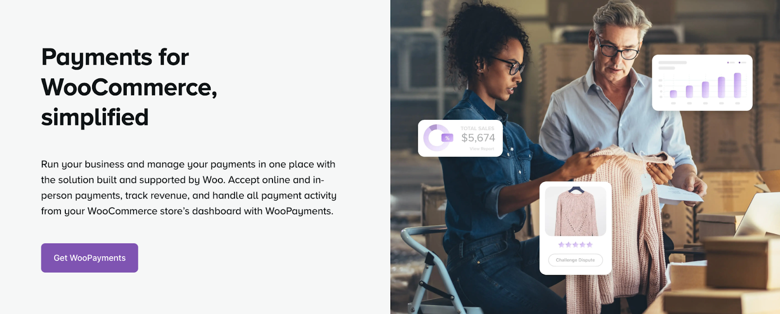 Illustration de l’appel à l’action WooPayments avec une image, un titre, un paragraphe et un bouton « Obtenir WooPayments ».
