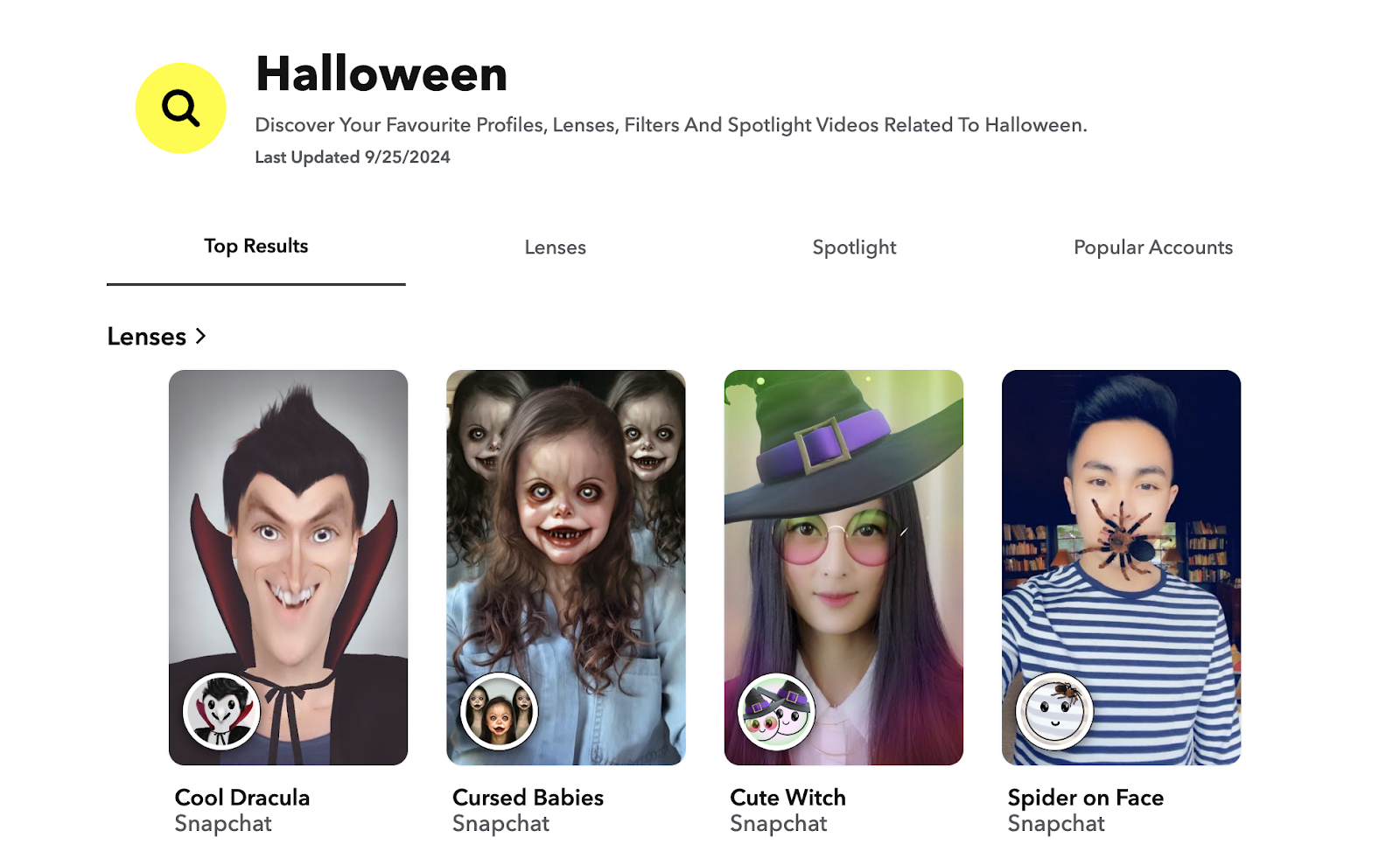 Examples of halloween inspired mobile camera filters with 'halloween' as the keyword search term. 