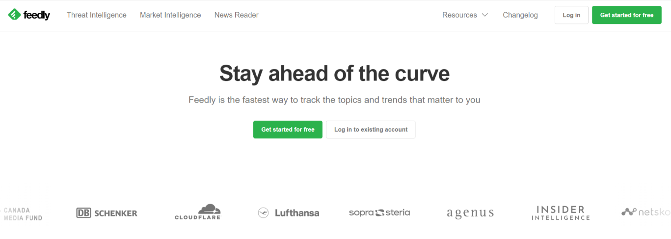 Feedly homepage with the text "stay ahead of the curve"