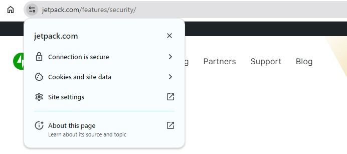 Webpage located at Jetpack.com/security with security options view in web browser showing that the connection is secure.