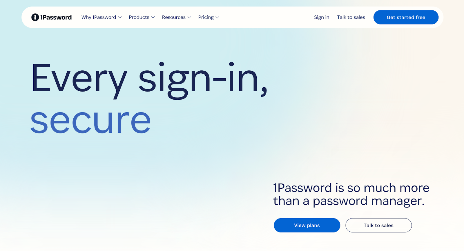 1Password homepage with navigation, title, subtitle, and 'View plans' and 'Talk to sales' calls to action.