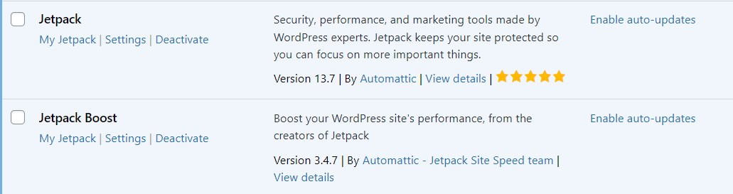 Plugin list screen on a WordPress website's admin/dashboard showing Jetpack and Jetpack Boost.