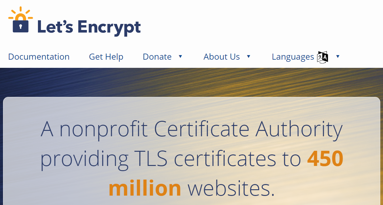 Página principal de Let's Encrypt con navegación y título: «Una autoridad de certificación sin ánimo de lucro que proporciona certificados TLS a 450 millones de sitios web».