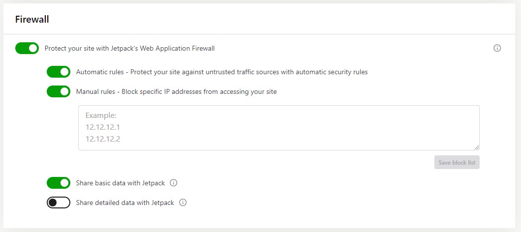 Jetpack Security plugin settings with Web Application Firewall options selected.