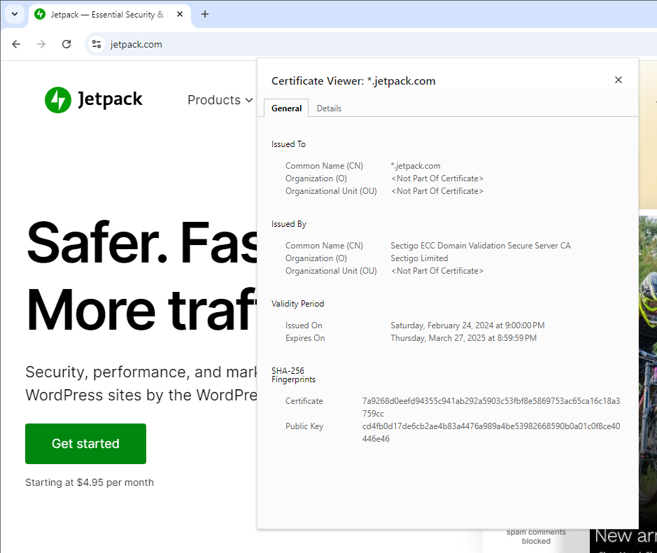 Página web ubicada en Jetpack.com, con la vista de opciones de seguridad y los detalles del certificado SSL ampliados.