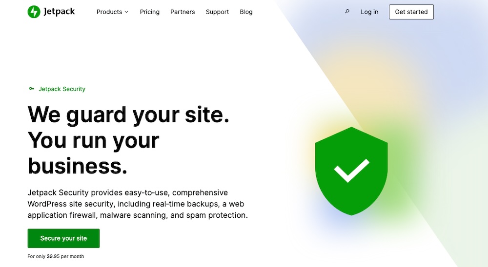 Jetpack Security homepage hero with title, paragraph, and 'Secure your site' call to action.
