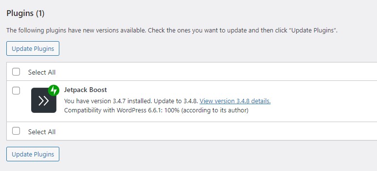 Plugin section of update screen on a WordPress website's admin/dashboard showing a needed update for Jetpack Boost.