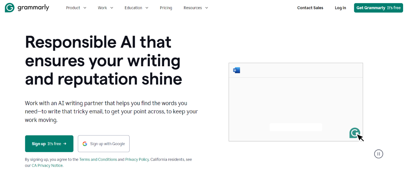 Grammarly homepage, with the text "responsible AI that ensures your writing and reputation shine"