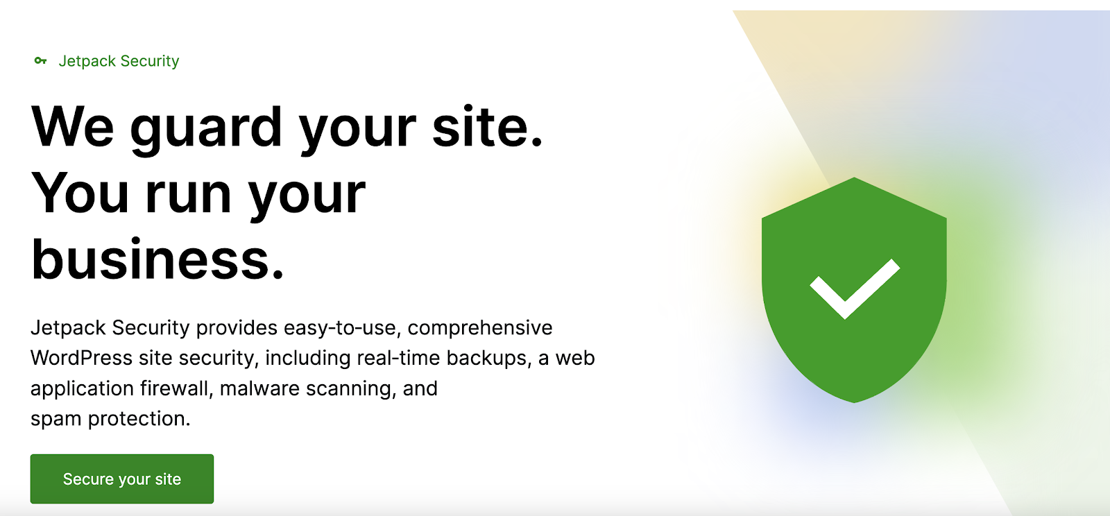 Jetpack Security homepage with the text "We guard your site. You run your business."
