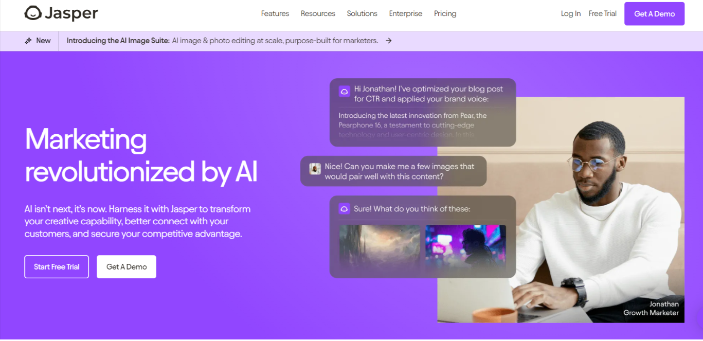 Jasper homepage with examples of the tool in action