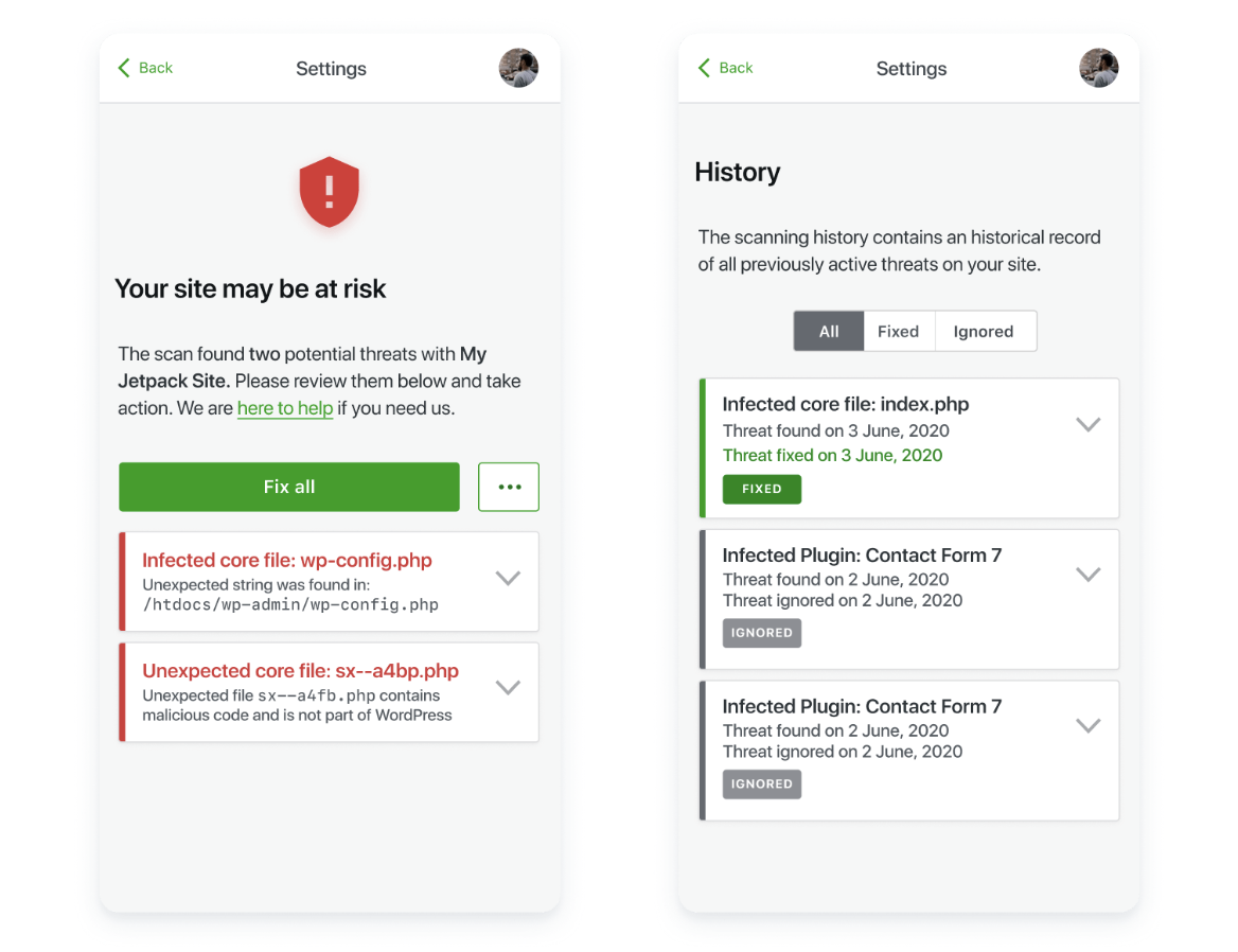 malware scan results from Jetpack