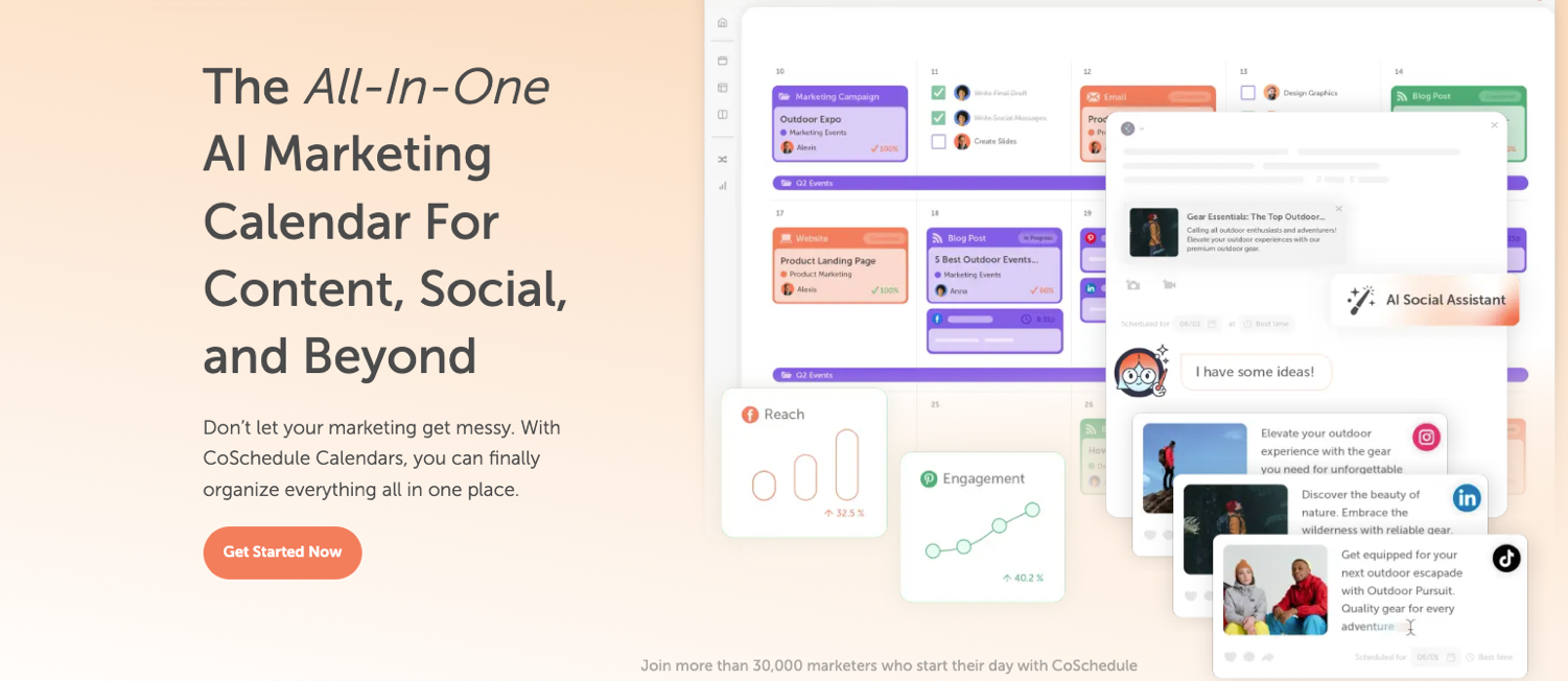 CoSchedule homepage hero with title, paragraph, web app images, and 'Get Started Now' call to action.