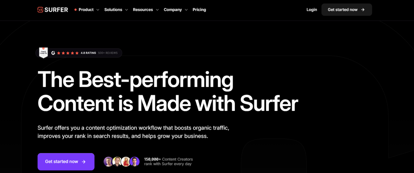 Surfer homepage with the tagline "the best-performing content is made with Surfer"