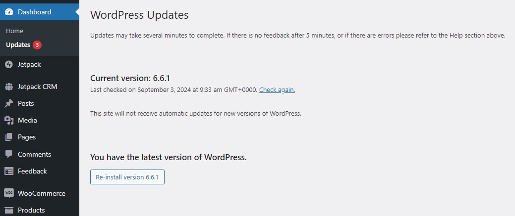 Updates screen on a WordPress website's admin/dashboard showing no updates required.