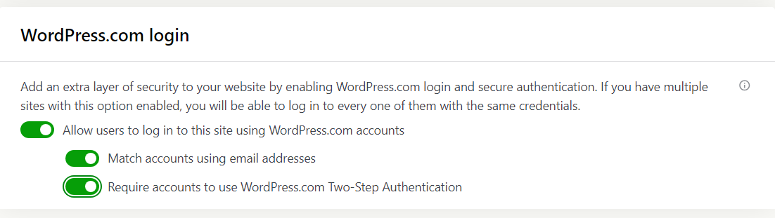 Opciones de inicio de sesión de WordPress.com en el plugin Jetpack con todas las opciones activadas.
