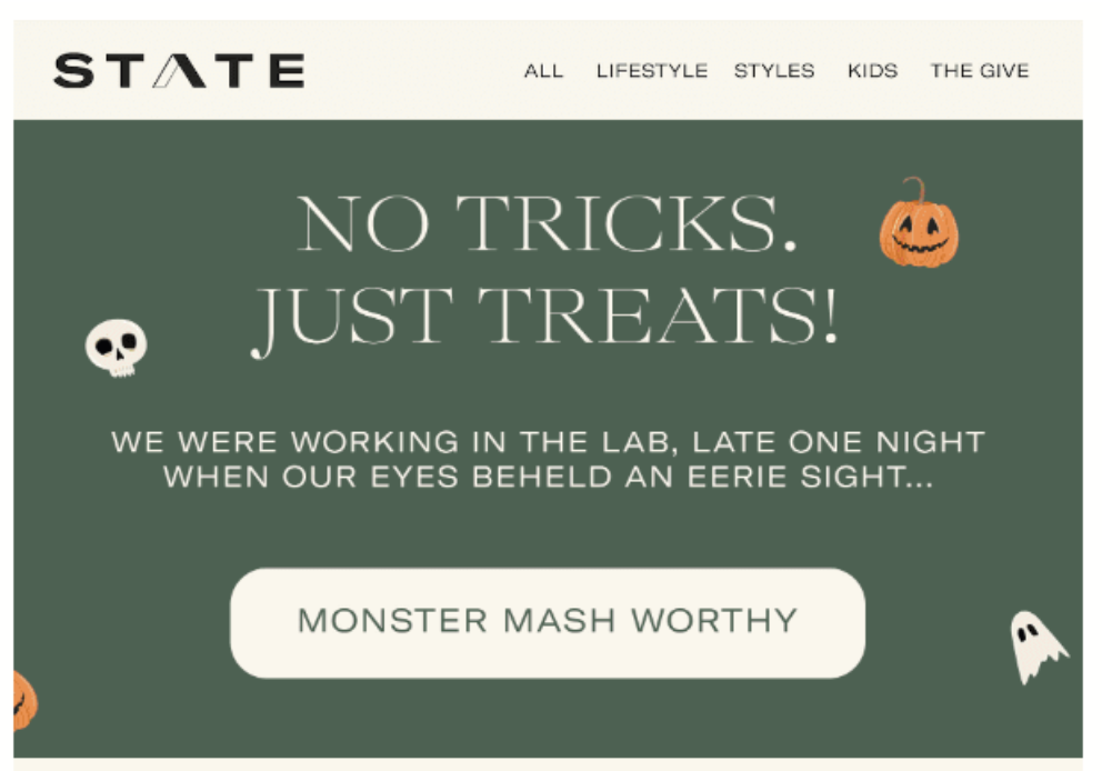 State webpage with Halloween themed hero section including ghosts and jack-0'-lanterns.  Seasonal copy in standard call to action format.