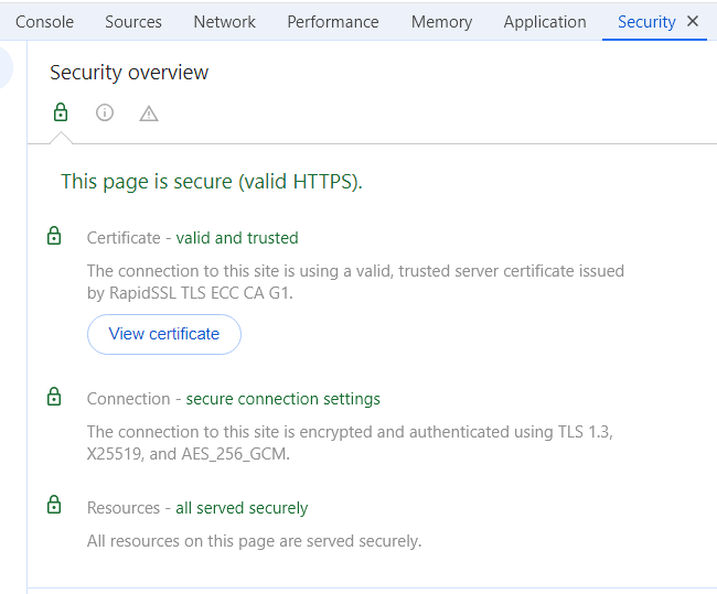 Captura de pantalla de las herramientas de desarrollo de Chrome: pestaña Seguridad que muestra un certificado SSL válido e información sobre una conexión segura.