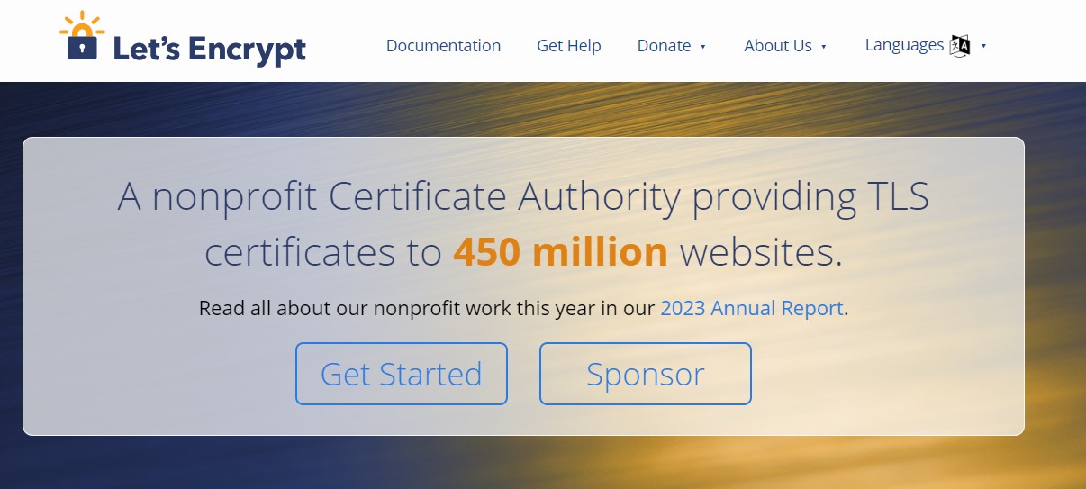 Let's Encrypt webpage hero section with title, paragraph, as well as "Get Started" and "Sponsor" calls to action.