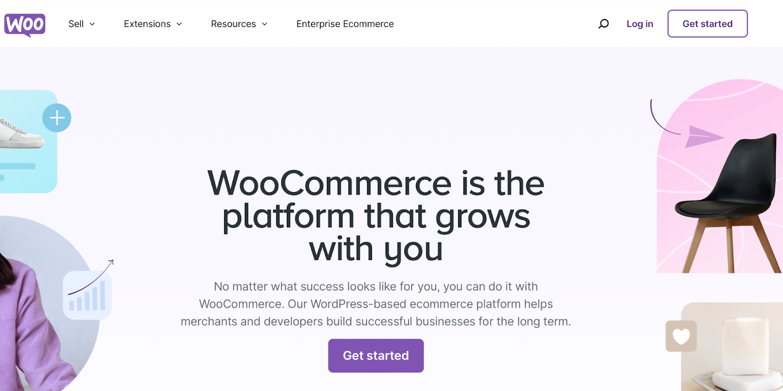 Page d’accueil de WooCommerce, appel à l’action « Commencer » — « WooCommerce est la plateforme qui évolue avec vous »