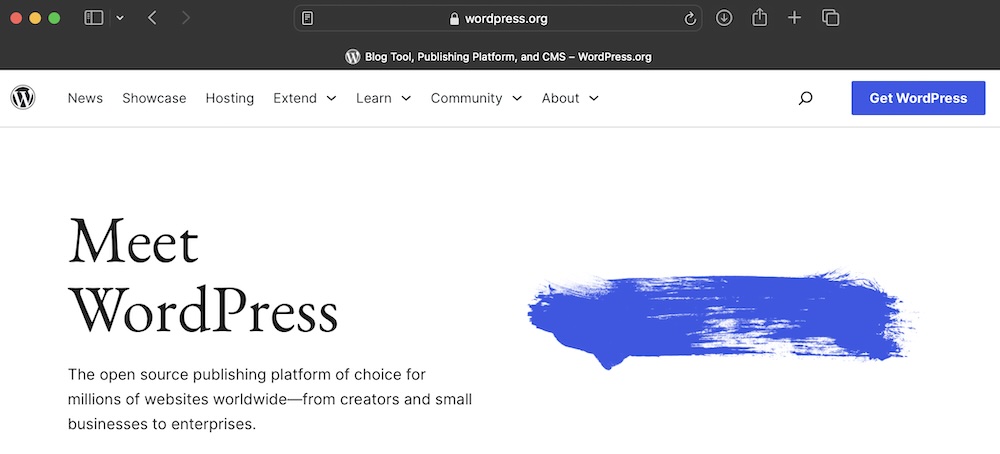 WordPress.org homepage hero with padlock icon in URL to indicate a secure connection (https).