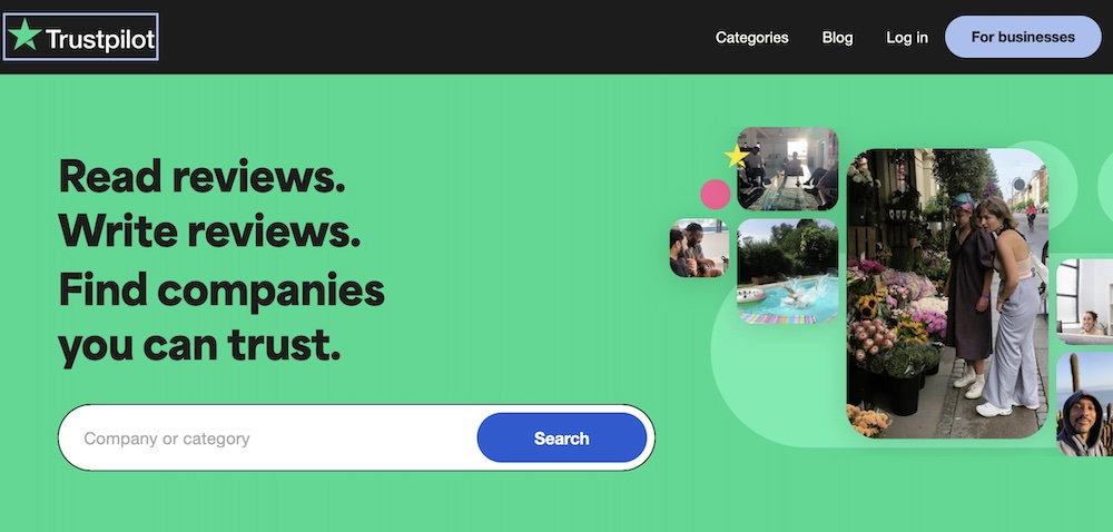 Trustpilot homepage hero with images, title, and search field to find companies and categories.