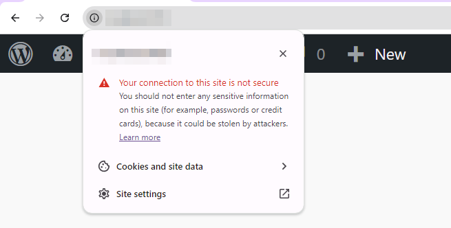 Página web con la vista de opciones de seguridad en el navegador web, que muestra que la conexión NO es segura.