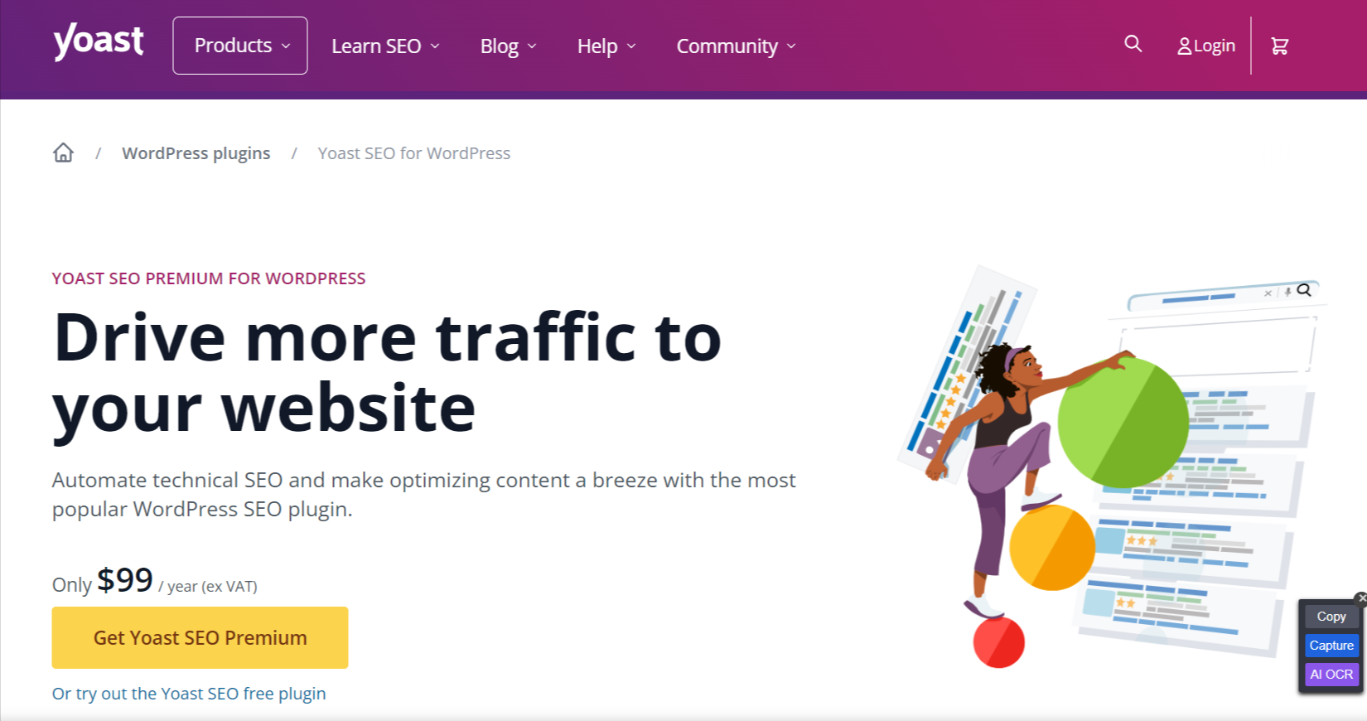 Yoast SEO homepage with a tagline, description, and pricing