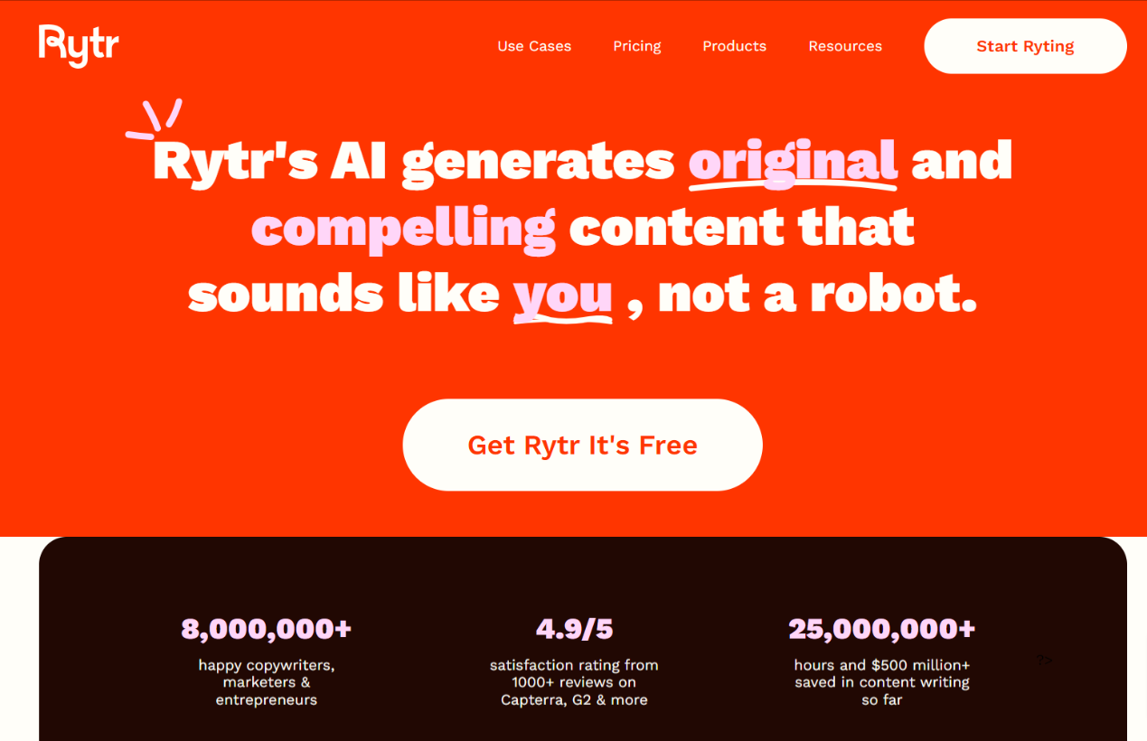 Rytr homepage with the text "Ryter's AI generates original and compelling content..."