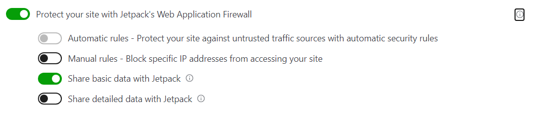 Configuración del plugin Jetpack con el firewall de aplicaciones web de Jetpack activado (y la opción «Compartir datos básicos con Jetpack» seleccionada)