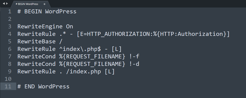 Captura de pantalla de un archivo .htaccess con las reglas de WordPress aplicadas.
