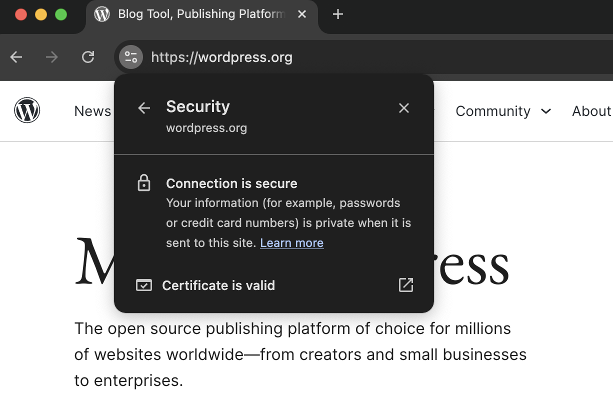 WordPress.org homepage with exposed info alert after clicking on the toggles icon to deliver more information about the secure connection.