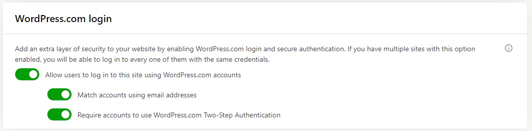 WordPress.com login settings in Jetpack plug with all options toggled 'on'.