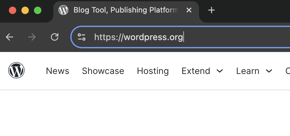 WordPress.org homepage with exposed protocol (https) in URL after clicking to indicate a secure connection.
