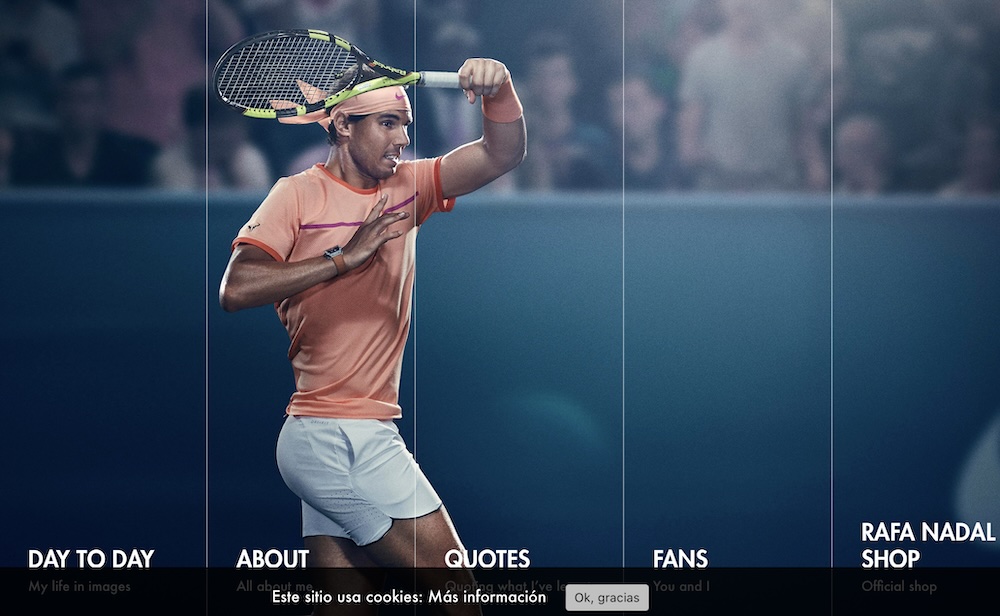 Webpage from Rafael Nadal's website with image of him playing tennis and navigation at the bottom as well as a cookies notice.