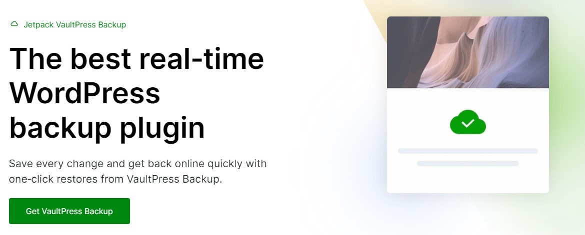 Jetpack VaultPress Backup plugin webpage hero with title, paragraph, and "Get Vaultpress Backup" page.