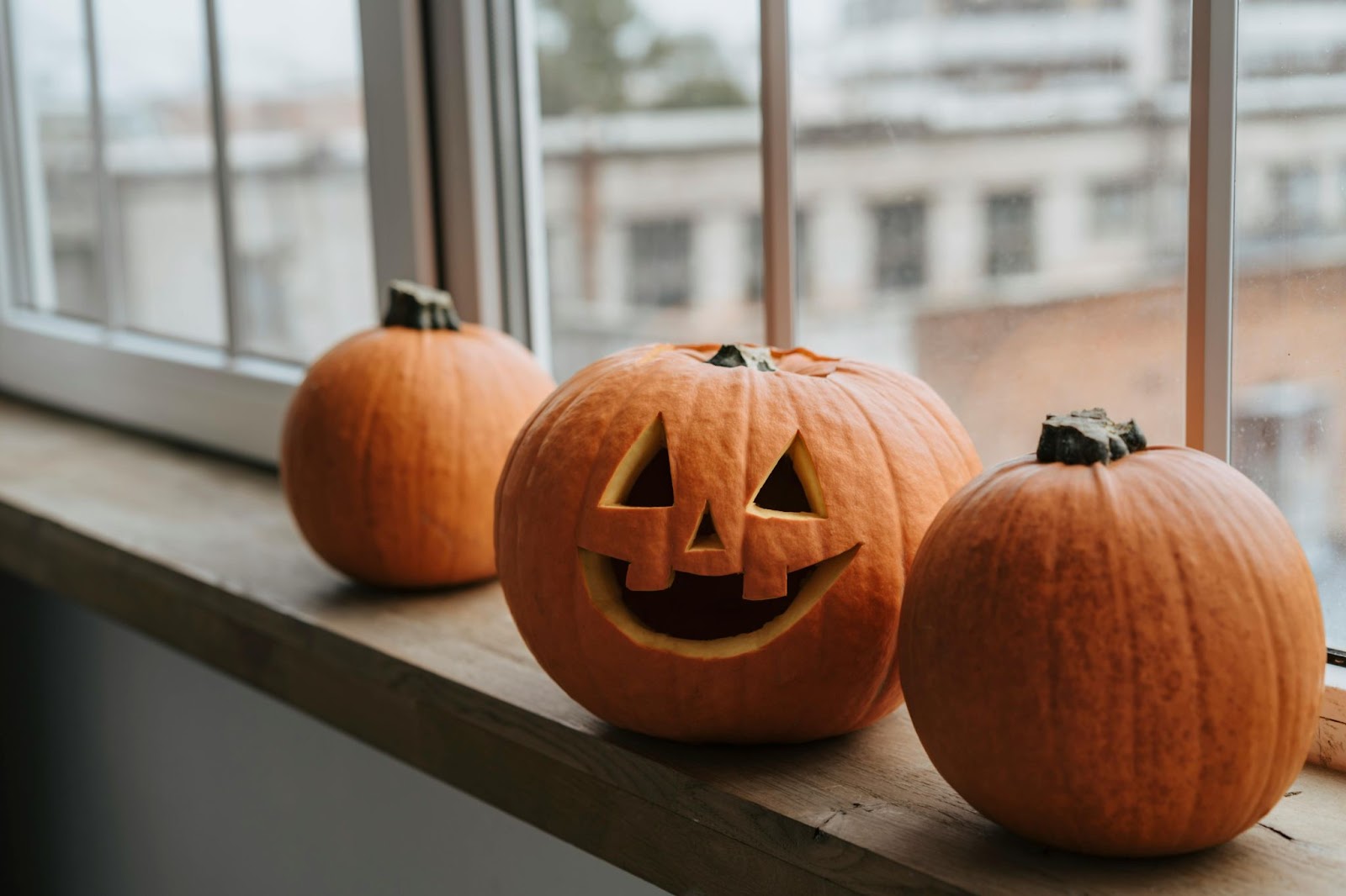Three pumpkins resting on an office window sill, one of which is carved as a jack-o'-lantern.