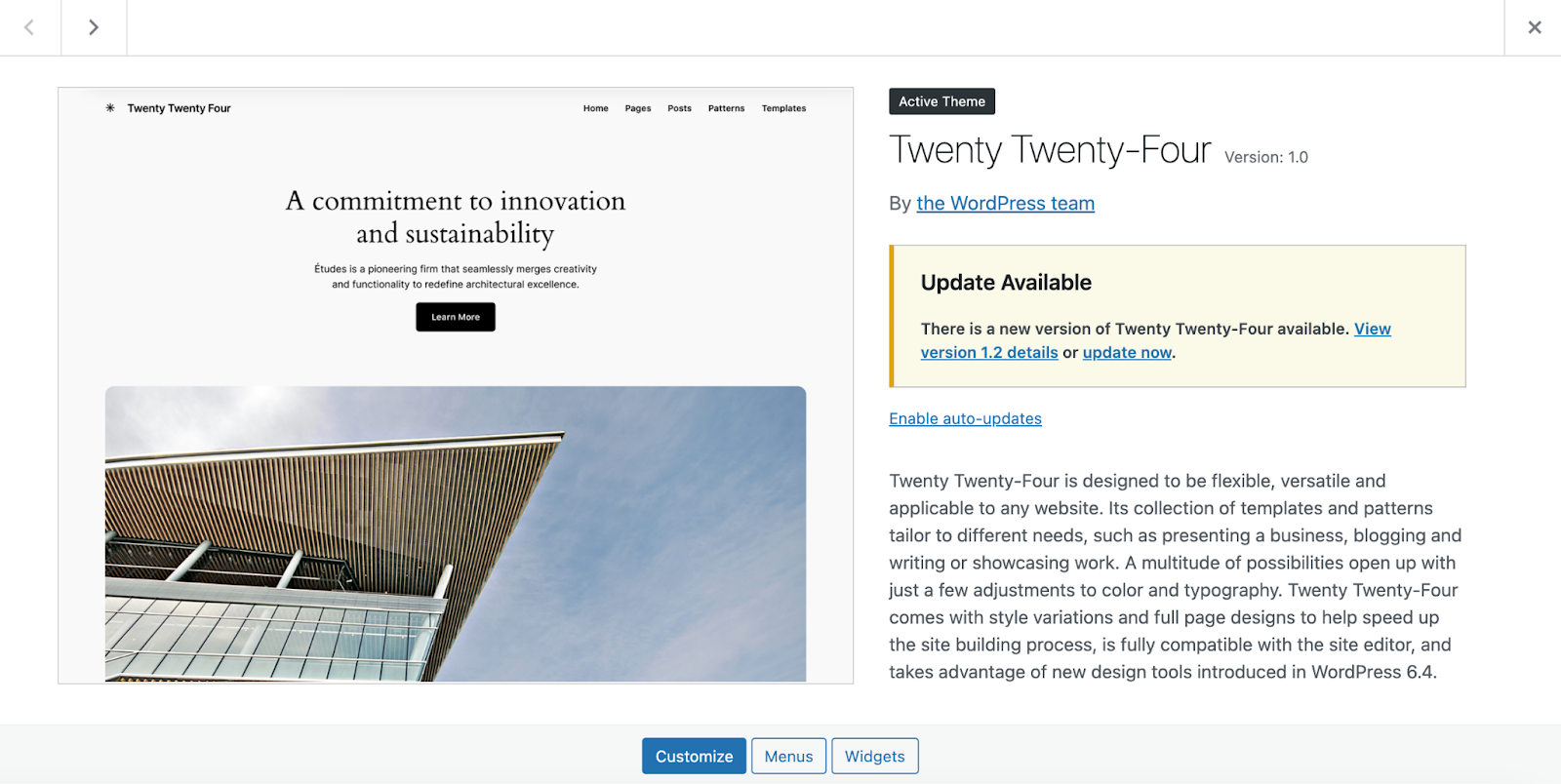 Twenty Twenty-Four theme description and Available Update notice as displayed in the themes section of the WordPress dashboard.