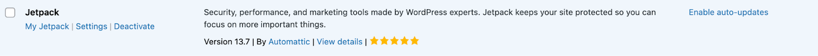 Jetpack plugin description, rating, and options as displayed in the plugin section of the WordPress dashboard.