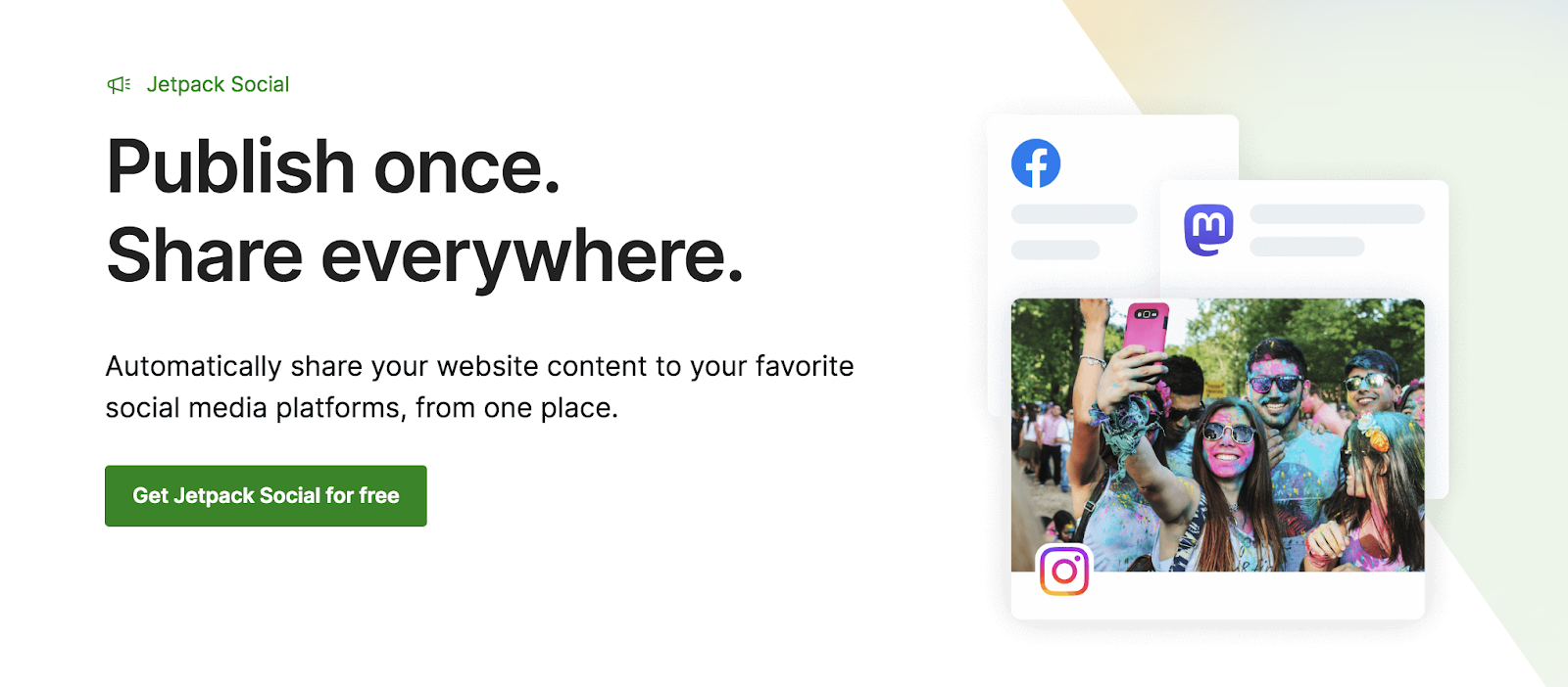 Jetpack Social homepage hero with title, image, paragraph, and 'Get Jetpack Social for free' call to action.
