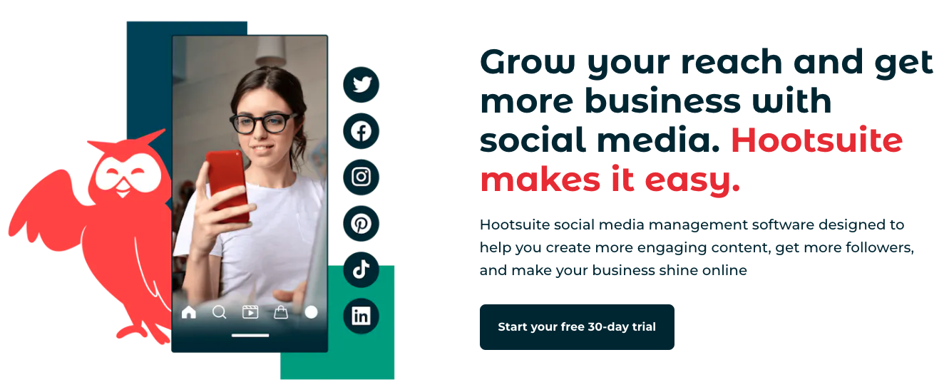 HootSuite homepage hero with image, title, paragraph, and 'Start your free 30-day trial' call to action.