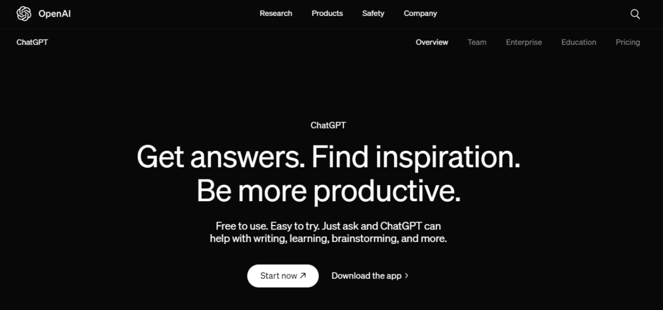 ChatGPT homepage with the text "Get answers. Find inspiration. Be more productive."
