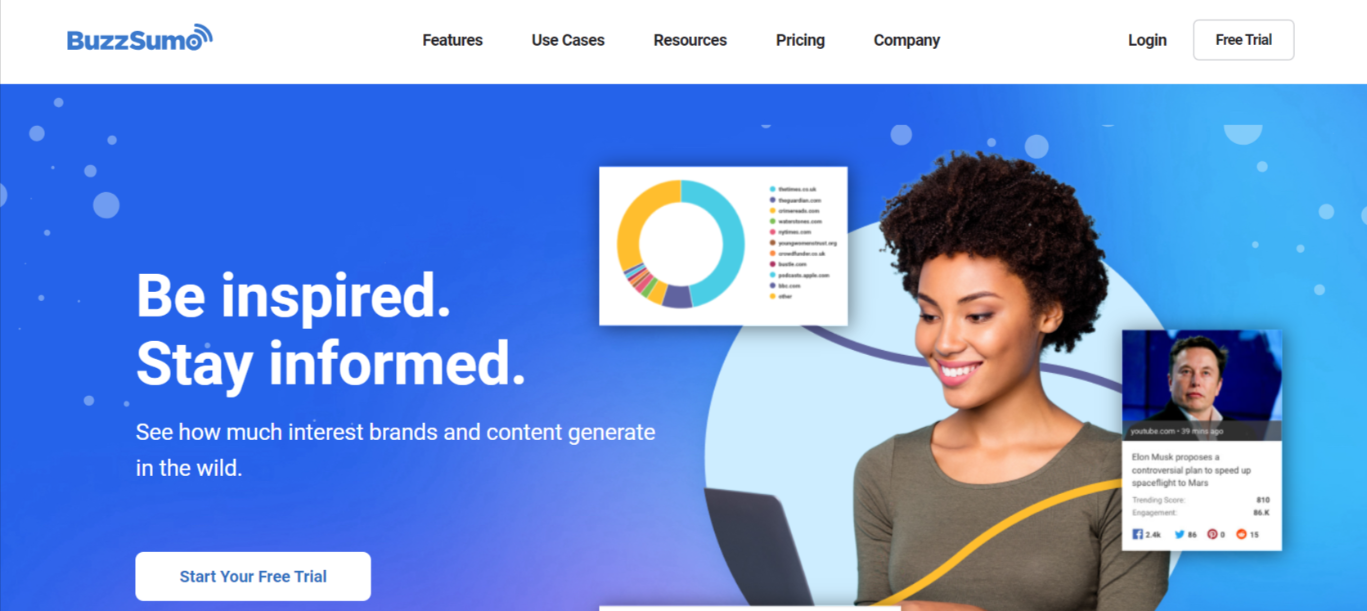 BuzzSumo homepage with the tagline "Be inspired. Stay informed."