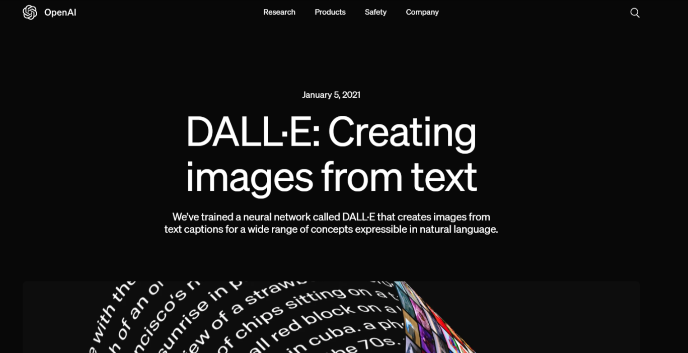 Dall-E homepage with the line "creating images from text"