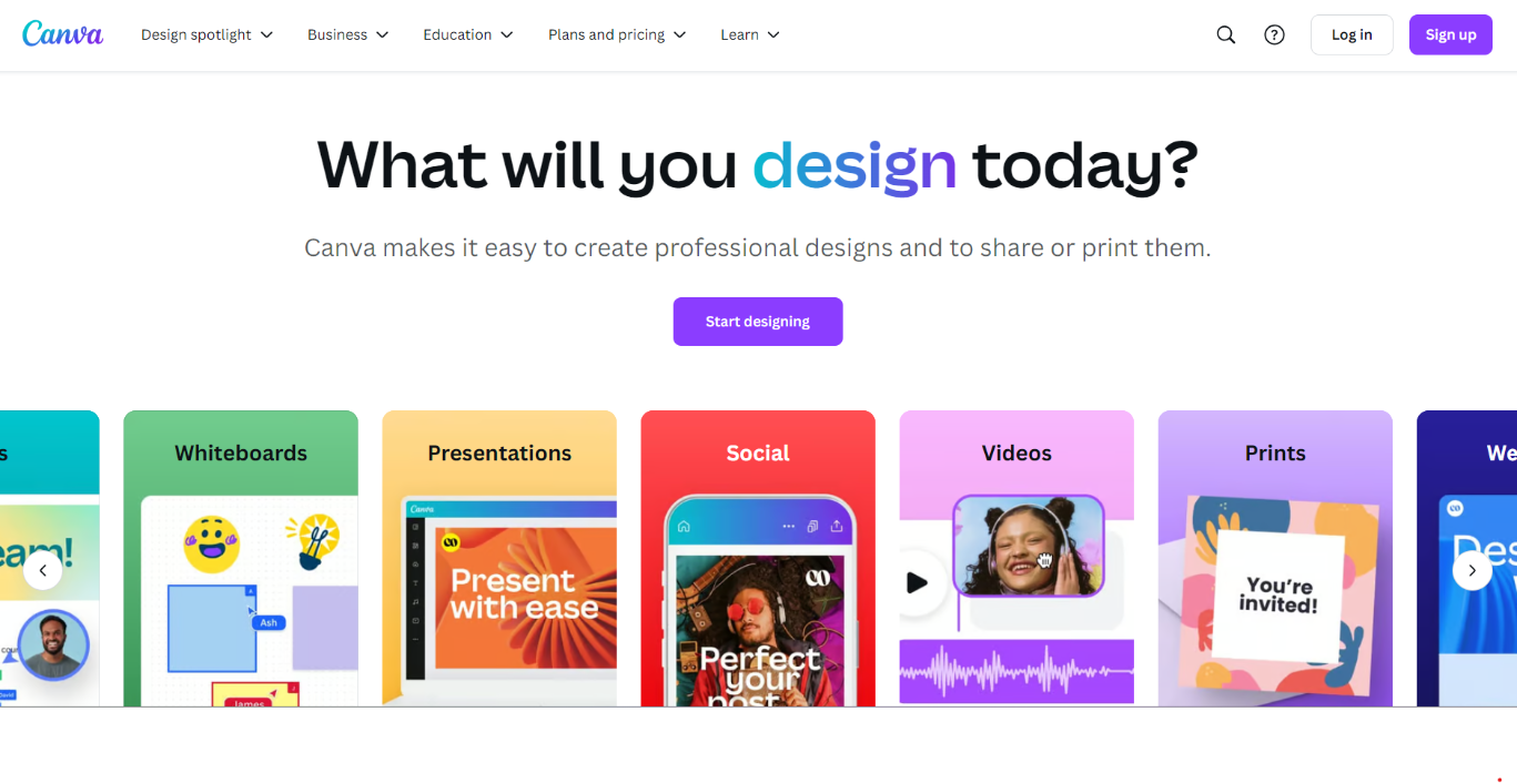 Canva homepage with a grid of graphics that you can design, including presentations and social media images