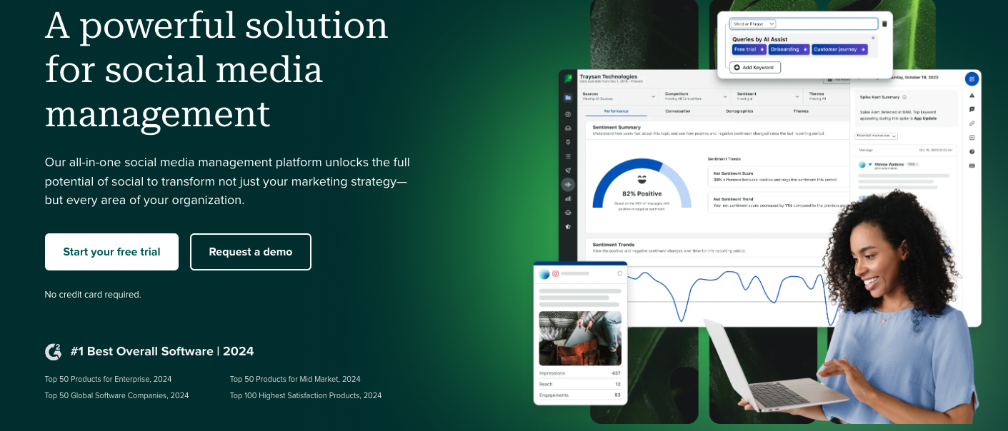 Sprout Social homepage hero with image, title, paragraph, and 'Start your free trial' and 'Request a demo' calls to action.