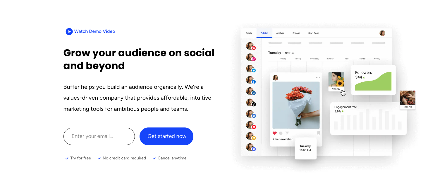 Buffer homepage hero with video demo, title, paragraph, and email sign-up call to action.
