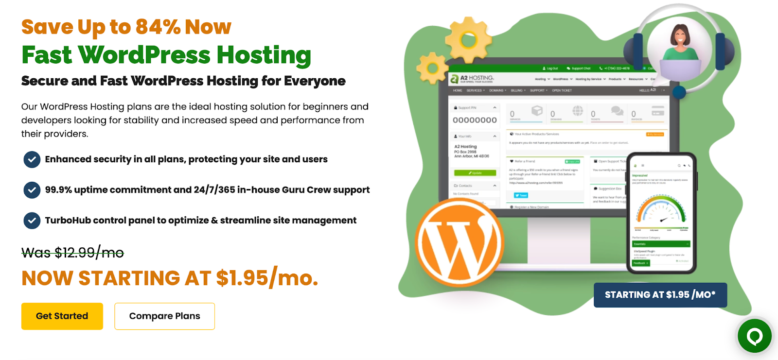 A2 hosting homepage hero section with title, subtitles, paragraph, unordered list of features, as well as "Get Started" and "Compare Plans" buttons.
