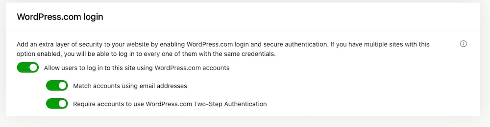 Jetpack settings from WordPress website dashboard showing WordPress.com login options.