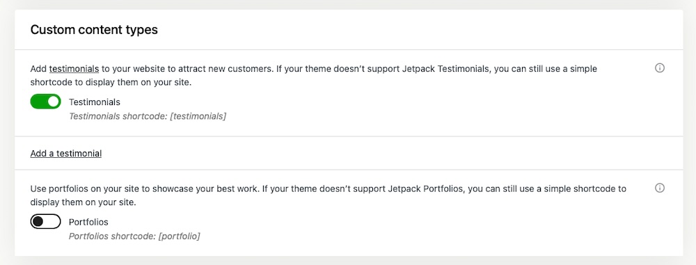Jetpack Settings in the WordPress Dashboard with Custom Post Type options - Testimonials and Portfolios.