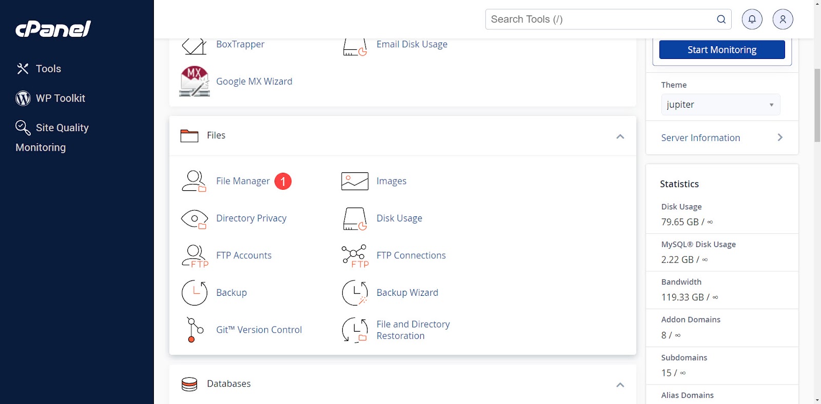 finding the cpanel file manager